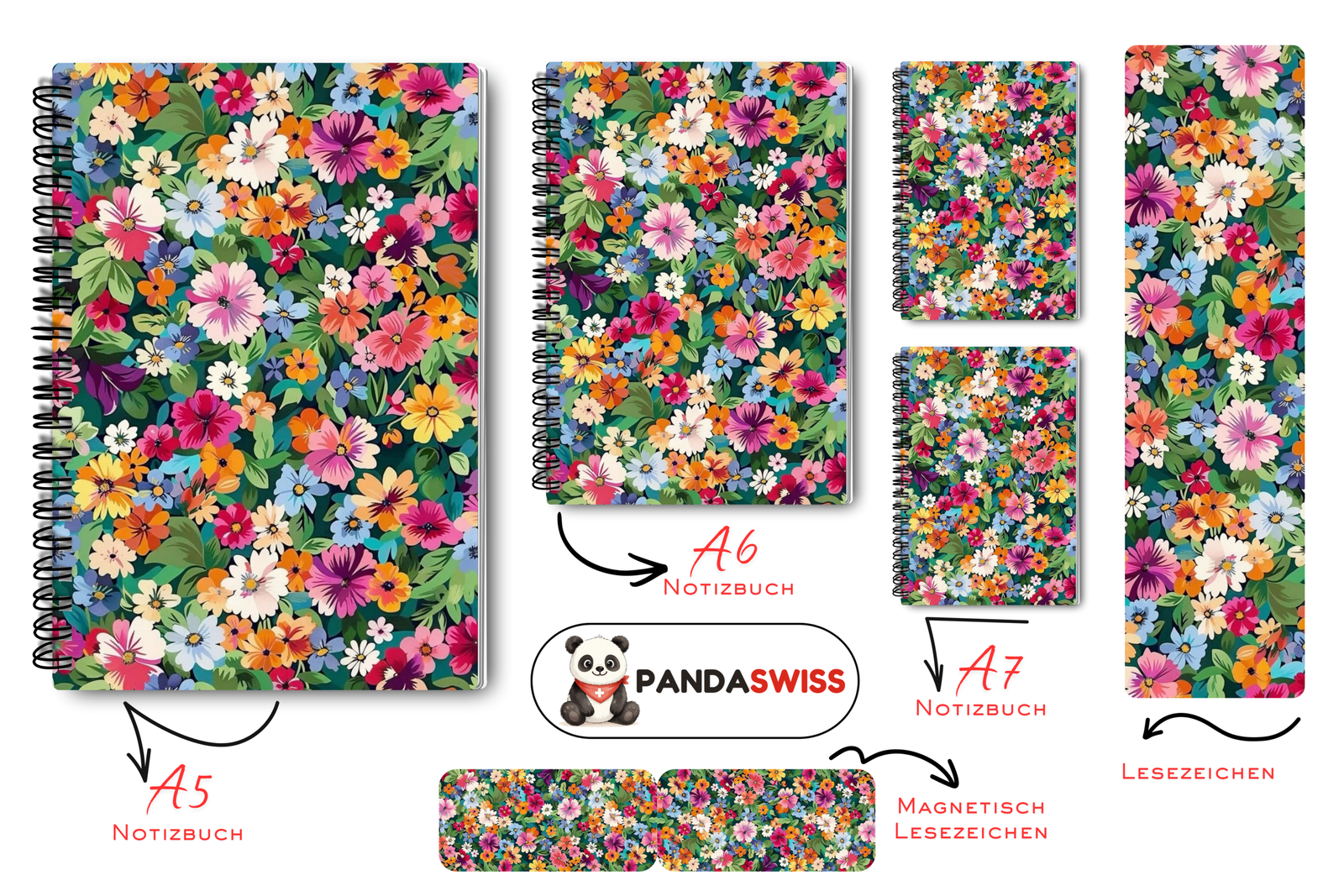 Spiral Notebook pandaswiss (11) SET: Notizbuch mit Blumenmuster (A5 + A6 + 2x A7 + Lesezeichen + Magnetisches Lesezeichen) - Görsel 1
