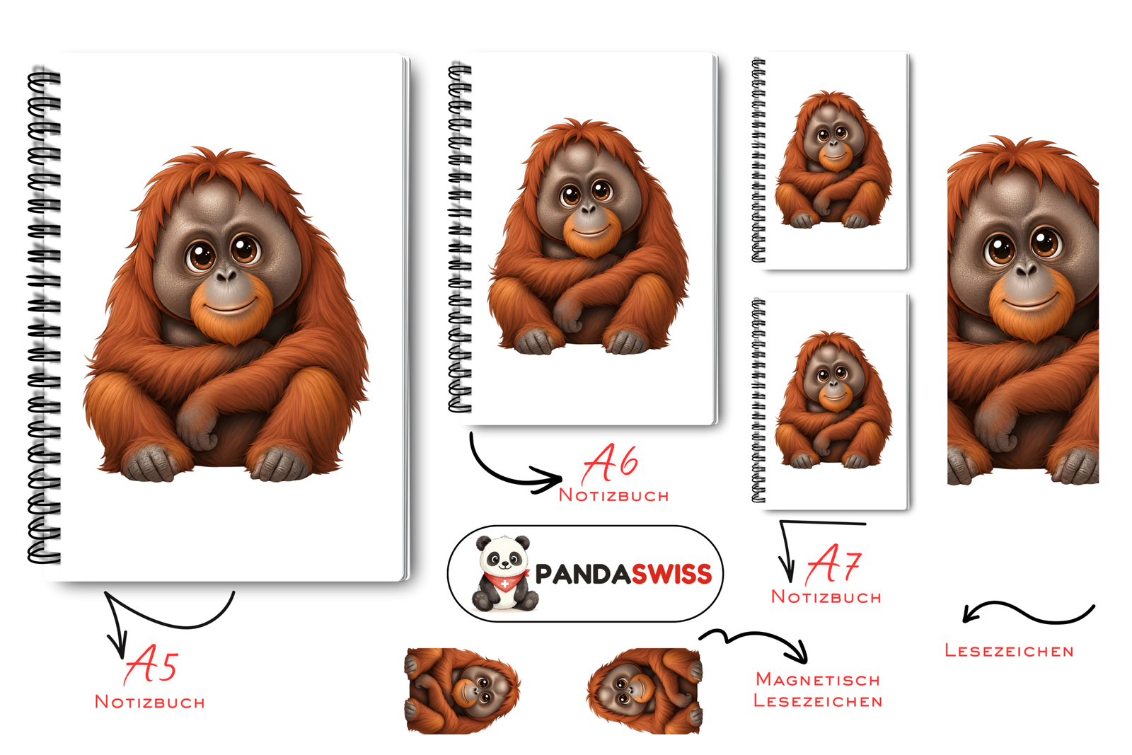 Spiral Notebook pandaswiss (24) SET: Notizbuch mit Affe (A5 + A6 + 2x A7 + Lesezeichen + Magnetisches Lesezeichen) - Görsel 1